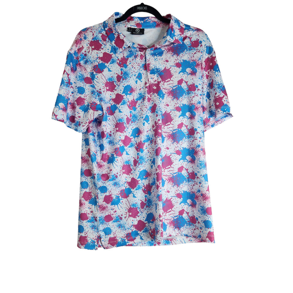 Greenside Golf Mens Polo Shirt SZ Small Blue Hot Pink Paint Splatter Splash Camo